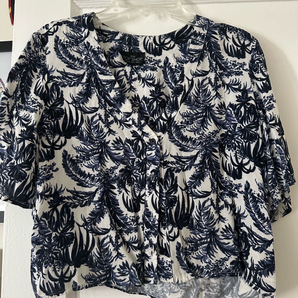Topshop Black and White Crop Tie Front Blouse